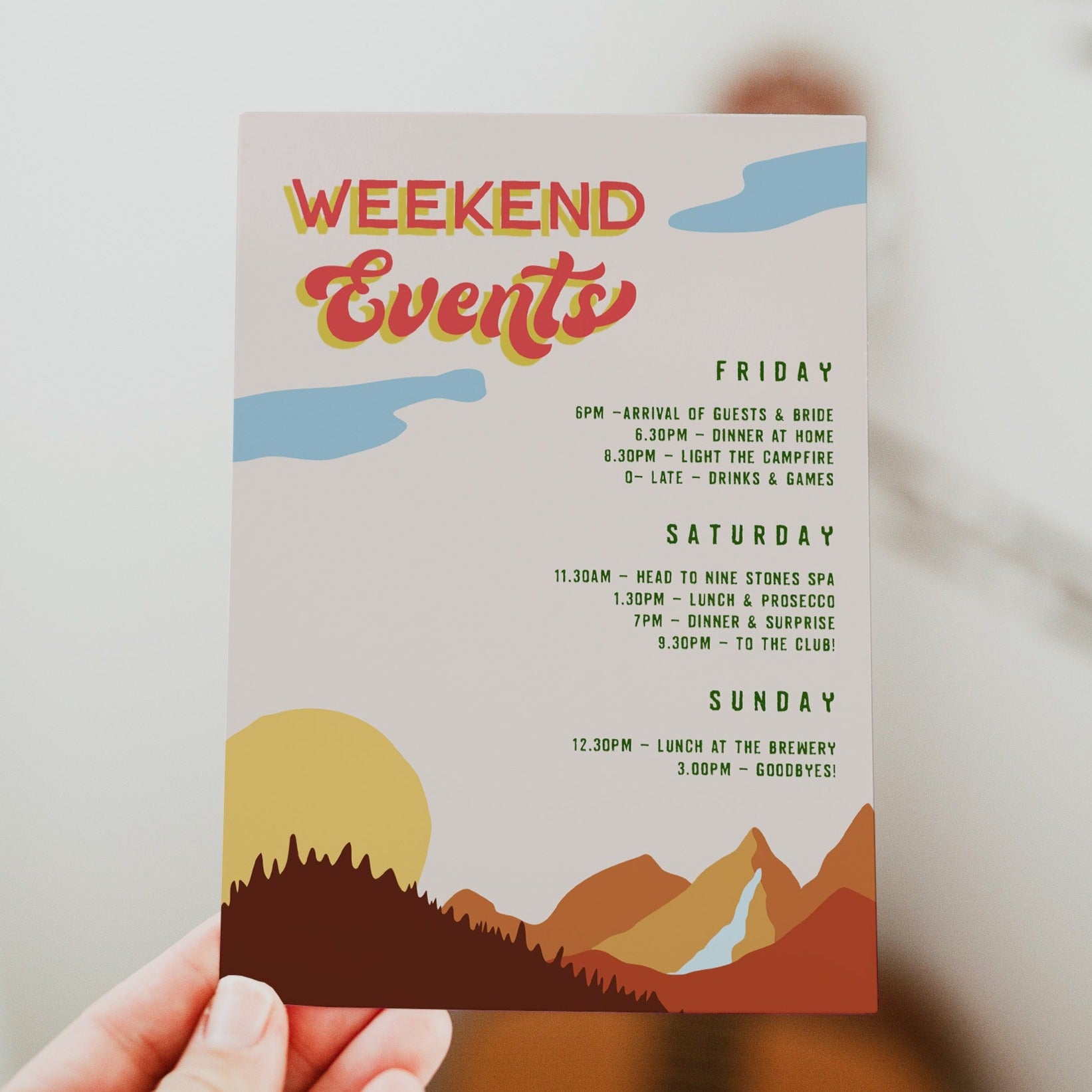 Fully editable and printable bachelorette weekend itinerary with a pine cabin design. Perfect for a cabin adventure Bachelorette themed party