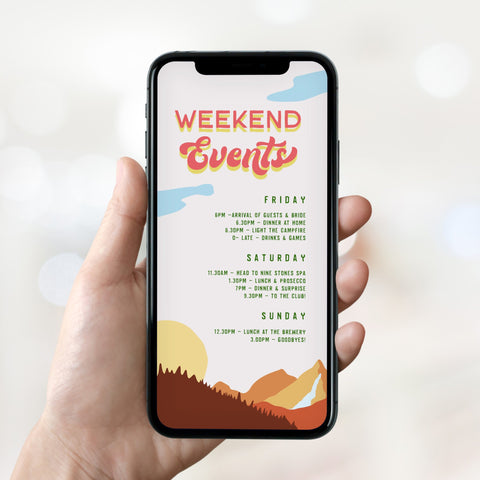 Fully editable bachelorette mobile itinerary with a pine cabin design. Perfect for a cabin adventure Bachelorette themed party