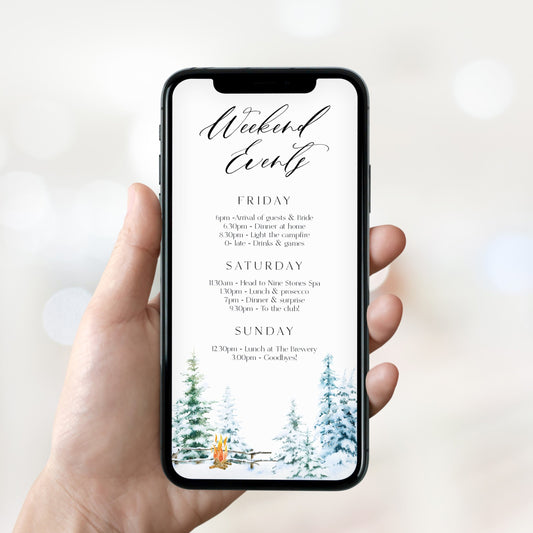 Fully editable mountain cabin mobile invitation with a mountain design. Perfect for a snowy cabin mountain bachelorette party