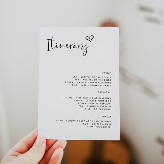 Fully editable and printable bridal shower itinerary with a modern minimalist design. Perfect for a modern simple bridal shower themed party