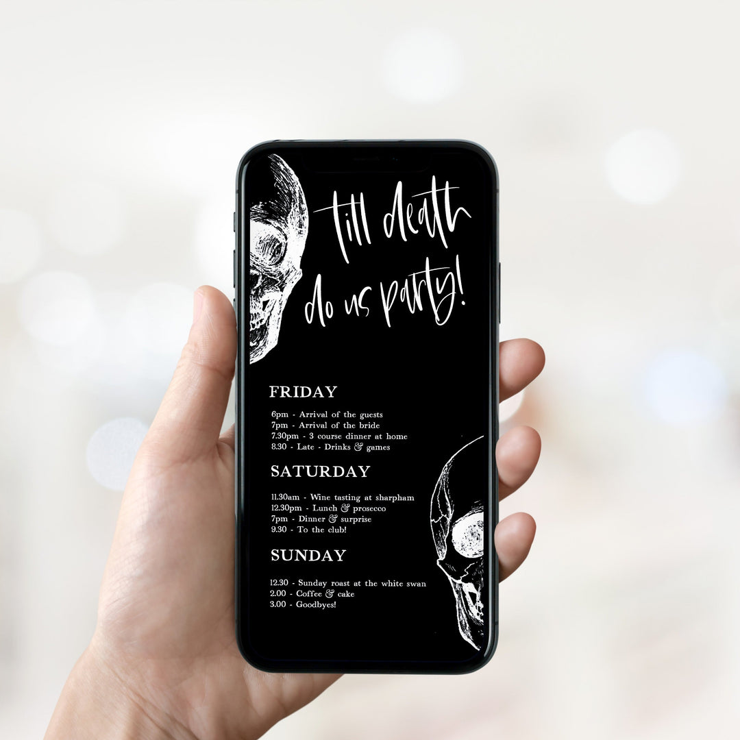 Fully editable bridal and bachelorette itinerary with a gothic design. Perfect for a Bride or Die or Death Us To Party bridal shower themed party