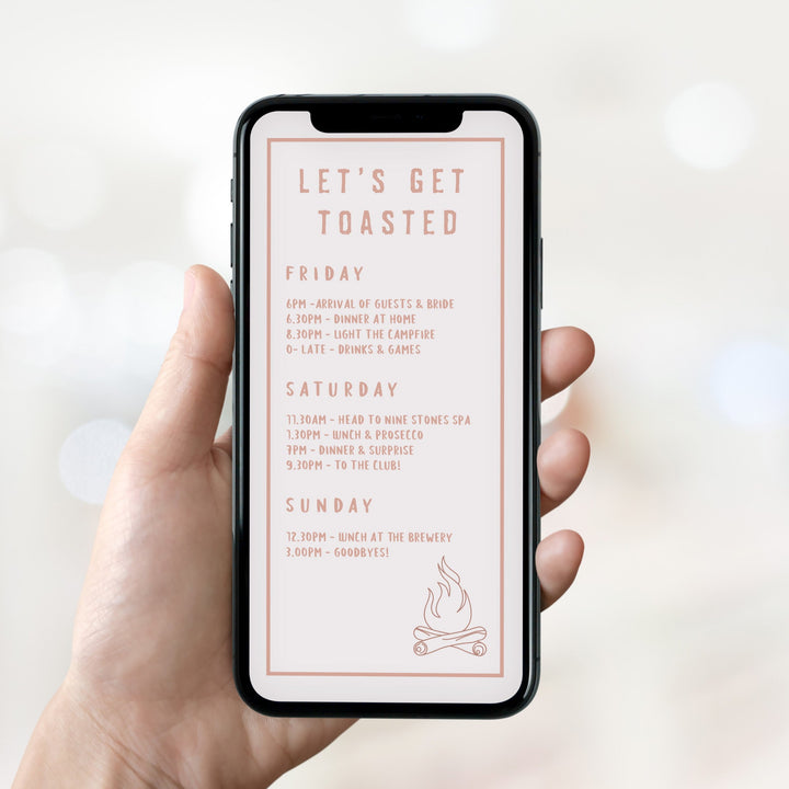 Fully editable bachelorette mobile itinerary with a pine cabin design. Perfect for a cabin adventure Bachelorette themed party