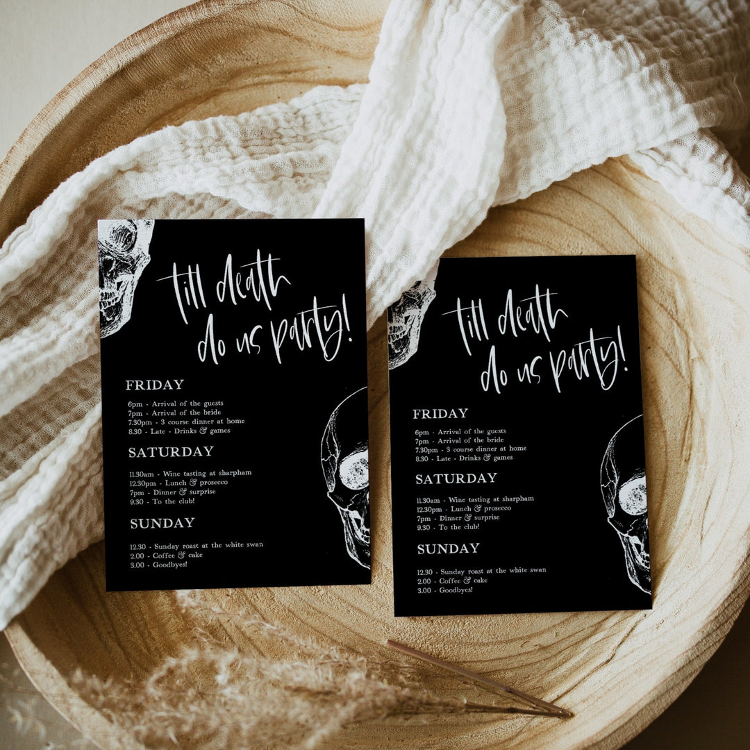 Fully editable and printable bachelorette itinerary with a gothic design. Perfect for a Bride or Die or Death Us To Party bridal shower themed party