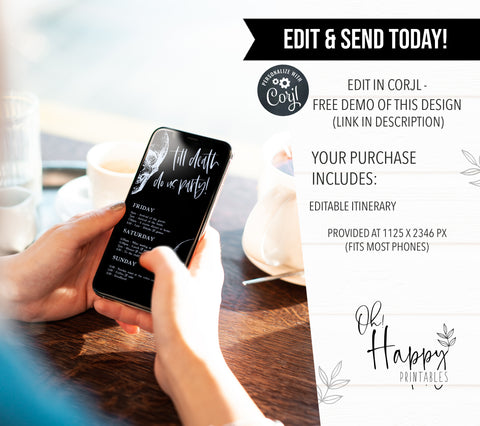 Fully editable bridal and bachelorette itinerary with a gothic design. Perfect for a Bride or Die or Death Us To Party bridal shower themed party