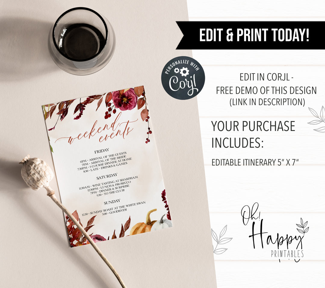 Fully editable and printable itinerary with a Fall design. Perfect for a fall floral bridal shower