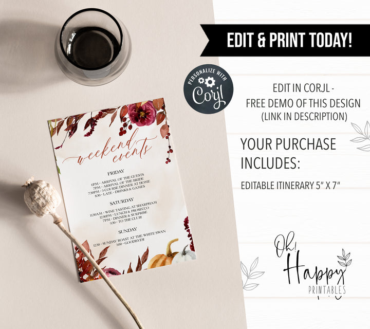 Fully editable and printable itinerary with a Fall design. Perfect for a fall floral bridal shower