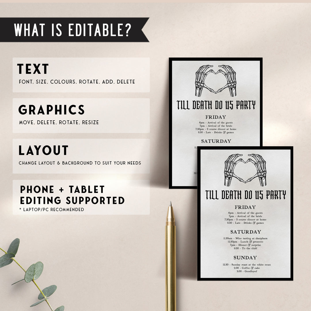 Fully editable and printable bachelorette itinerary with a gothic design. Perfect for a Bride or Die or Death Us To Party bridal shower themed party