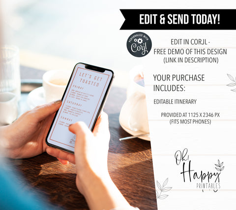 Fully editable bachelorette mobile itinerary with a pine cabin design. Perfect for a cabin adventure Bachelorette themed party