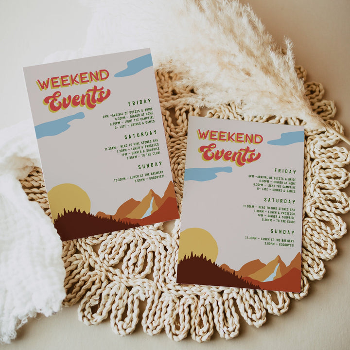 Fully editable and printable bachelorette weekend itinerary with a pine cabin design. Perfect for a cabin adventure Bachelorette themed party