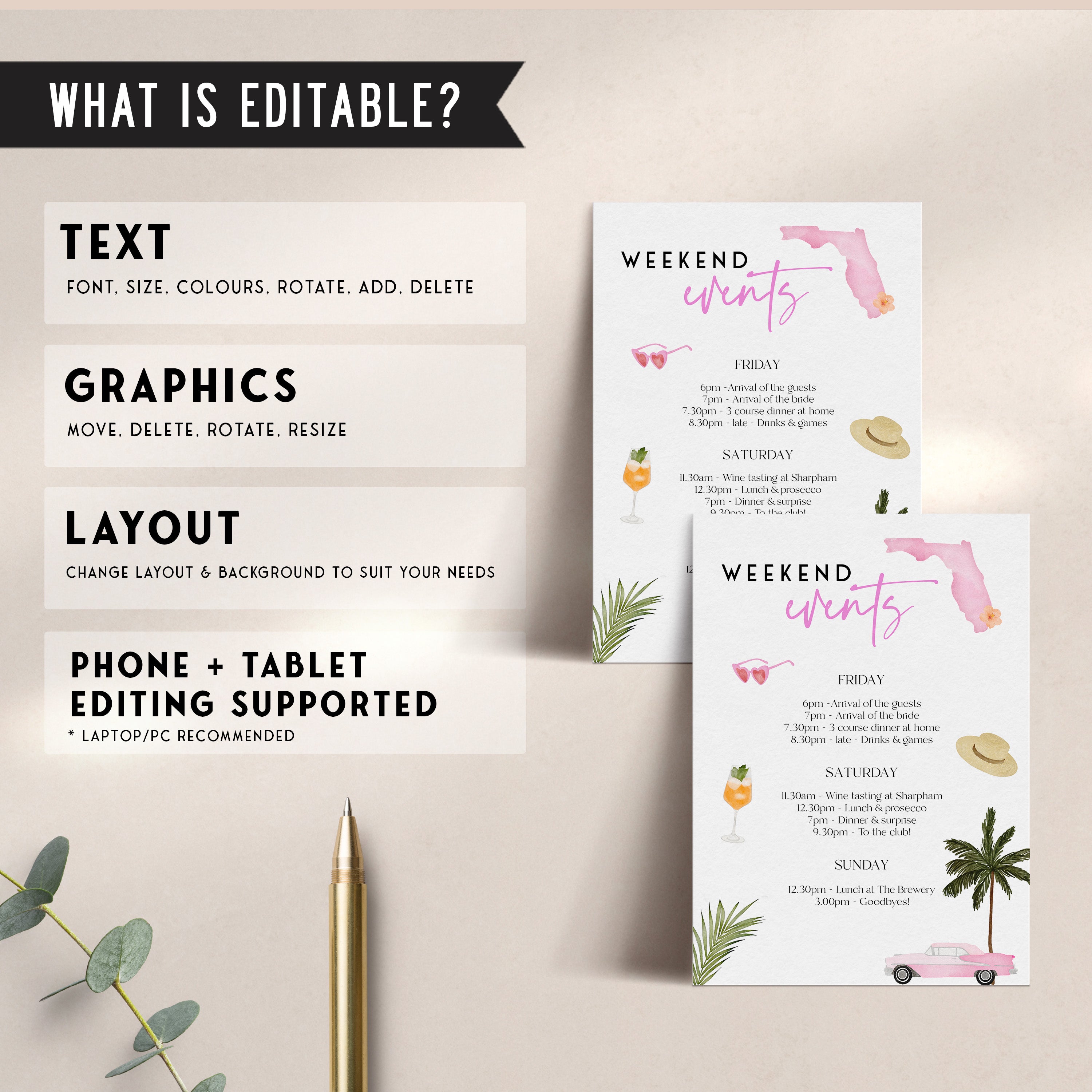 Fully editable and printable bachelorette itinerary with a miami design. Perfect for a miami, Bachelorette themed party