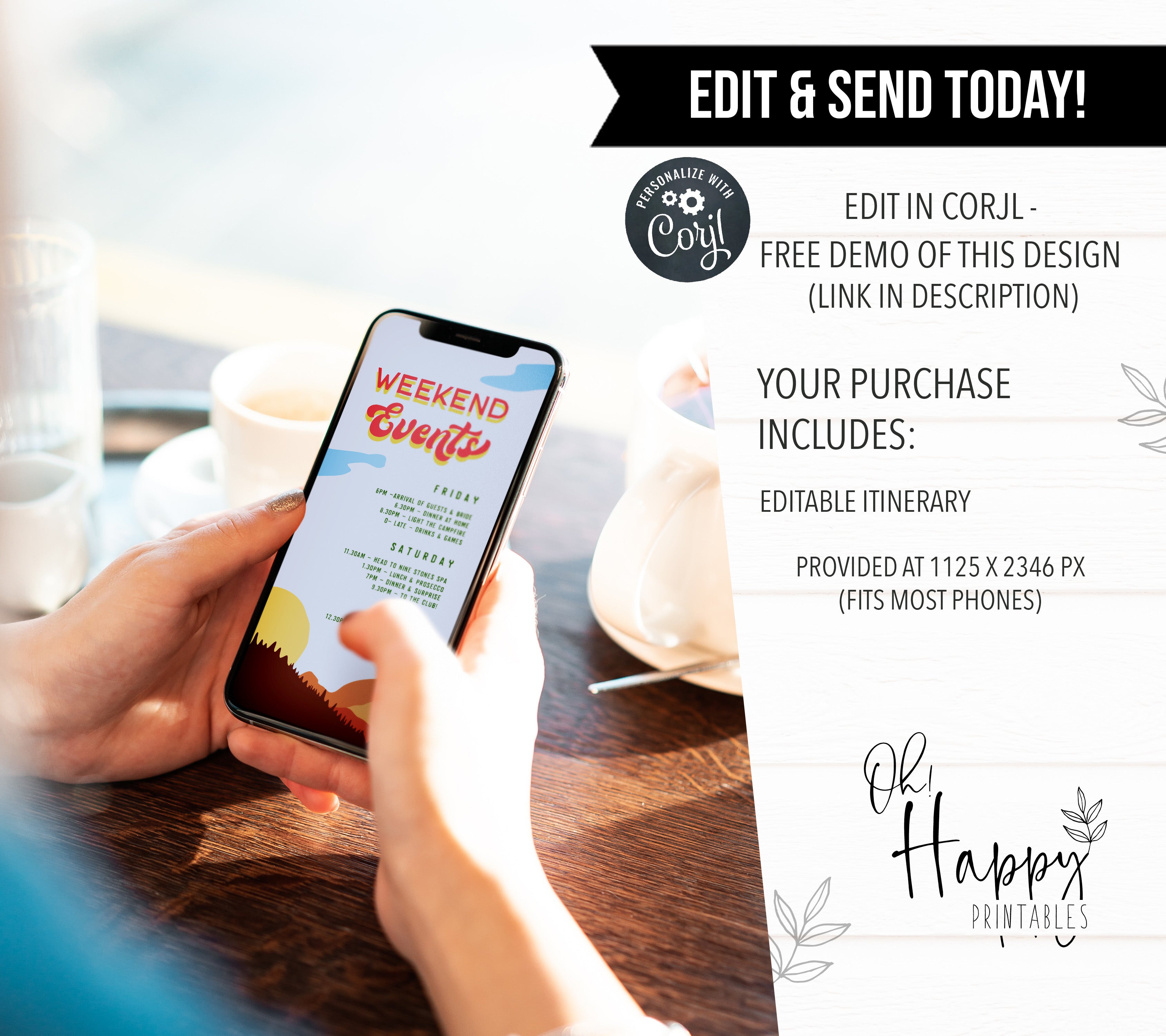Fully editable bachelorette mobile itinerary with a pine cabin design. Perfect for a cabin adventure Bachelorette themed party