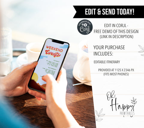 Fully editable bachelorette mobile itinerary with a pine cabin design. Perfect for a cabin adventure Bachelorette themed party