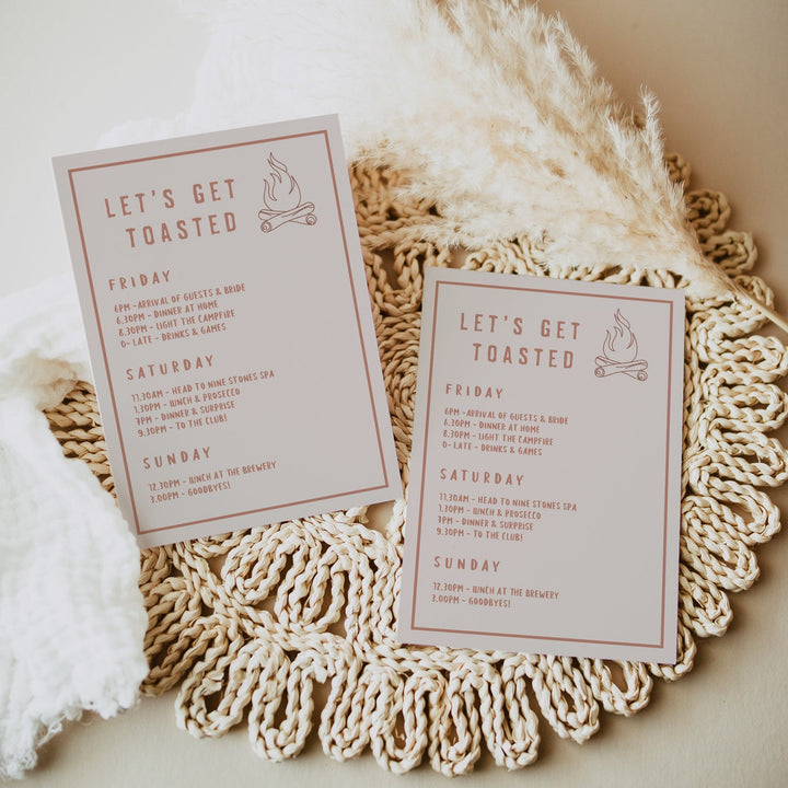 Fully editable and printable  bachelorette weekend itinerary with a pine cabin design. Perfect for a cabin adventure Bachelorette themed party