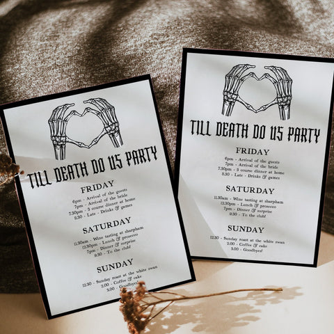 Fully editable and printable bachelorette itinerary with a gothic design. Perfect for a Bride or Die or Death Us To Party bridal shower themed party