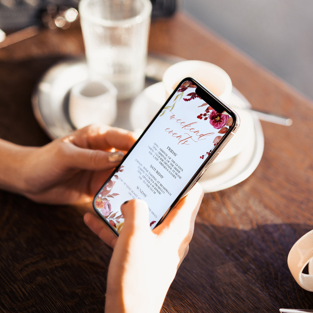 Fully editable mobile Itinerary with a Fall design. Perfect for a fall floral bridal shower