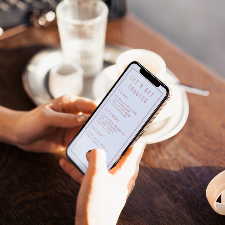 Fully editable bachelorette mobile itinerary with a pine cabin design. Perfect for a cabin adventure Bachelorette themed party