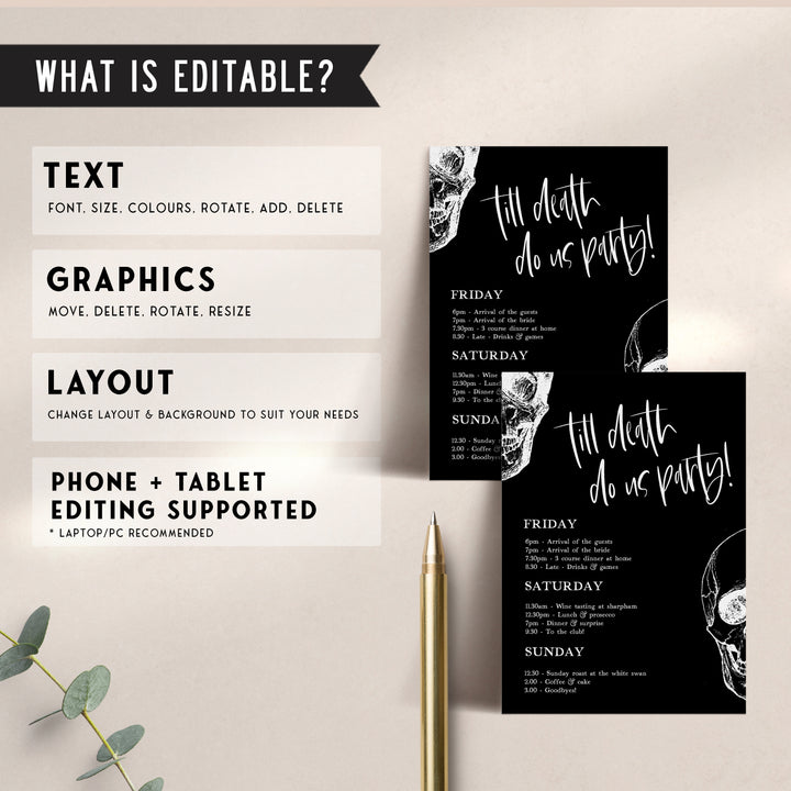 Fully editable and printable bachelorette itinerary with a gothic design. Perfect for a Bride or Die or Death Us To Party bridal shower themed party