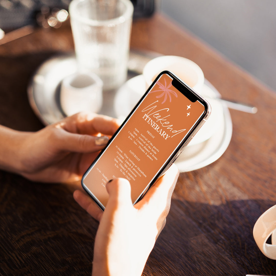 Fully editable and printable bridal shower mobile itinerary with a Palm Springs design. Perfect for a Palm Springs bridal shower themed party