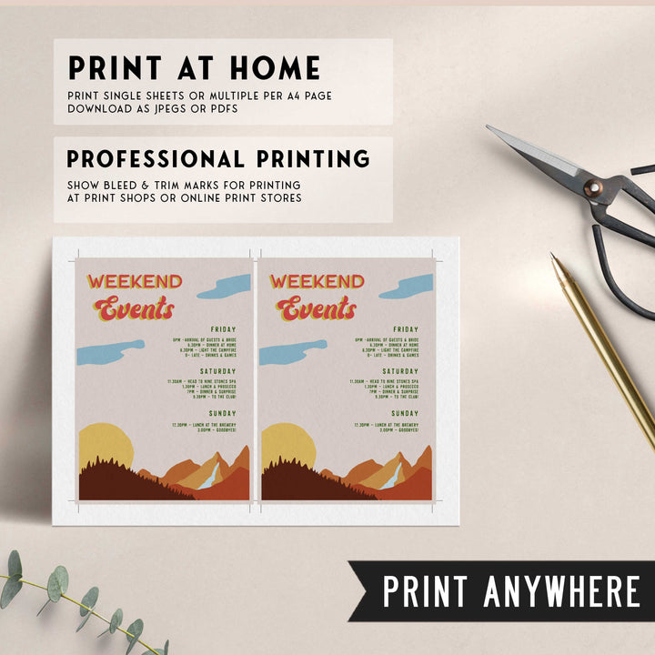 Fully editable and printable bachelorette weekend itinerary with a pine cabin design. Perfect for a cabin adventure Bachelorette themed party