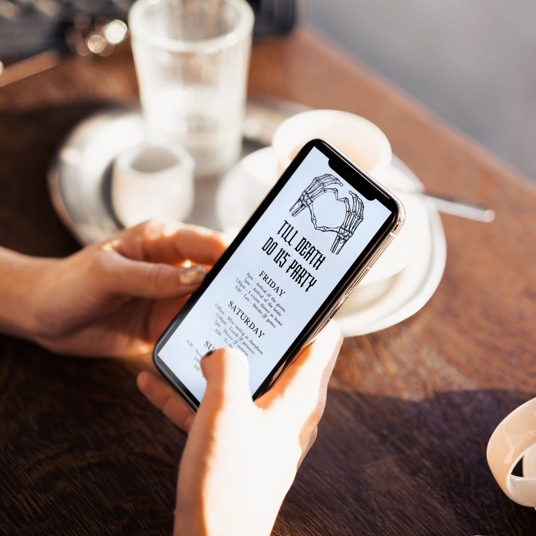 Fully editable bridal and bachelorette itinerary with a gothic design. Perfect for a Bride or Die or Death Us To Party bridal shower themed party