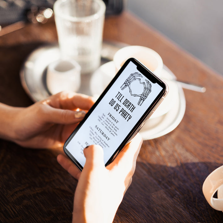 Fully editable bridal and bachelorette itinerary with a gothic design. Perfect for a Bride or Die or Death Us To Party bridal shower themed party