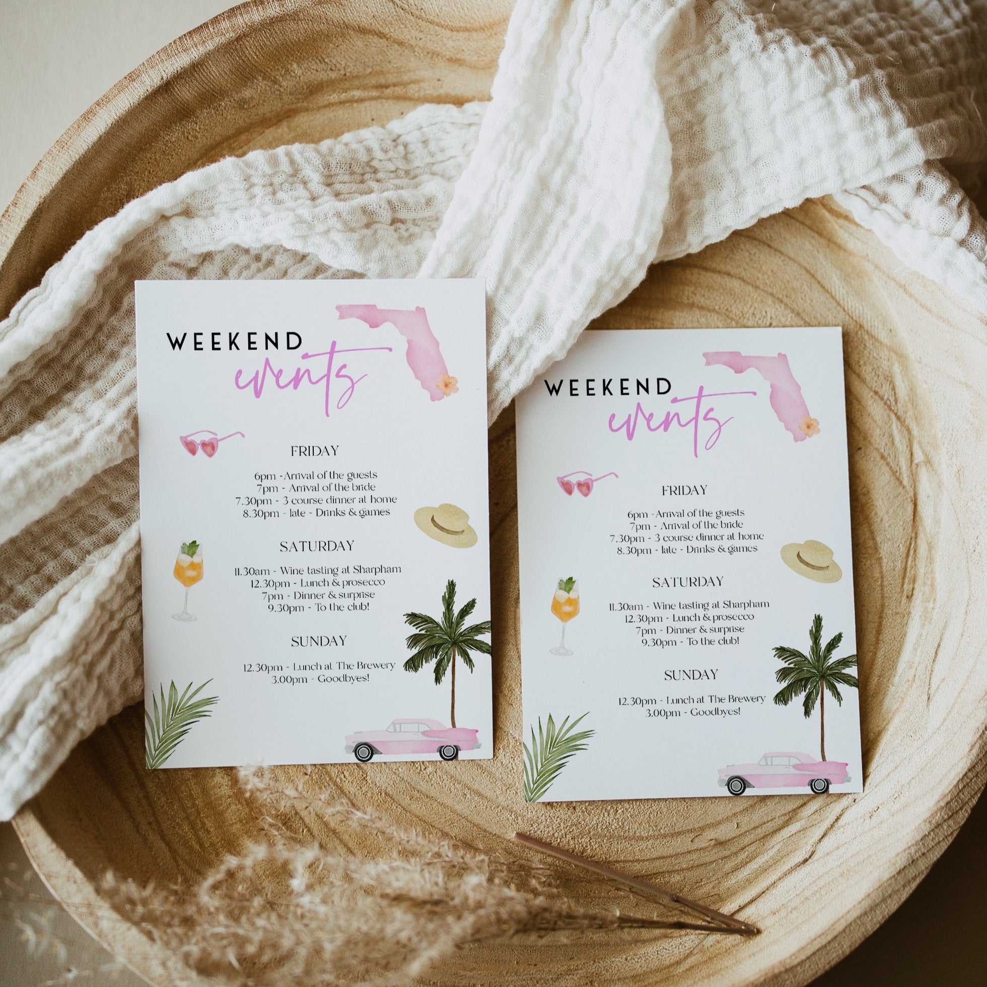 Fully editable and printable bachelorette itinerary with a miami design. Perfect for a miami, Bachelorette themed party