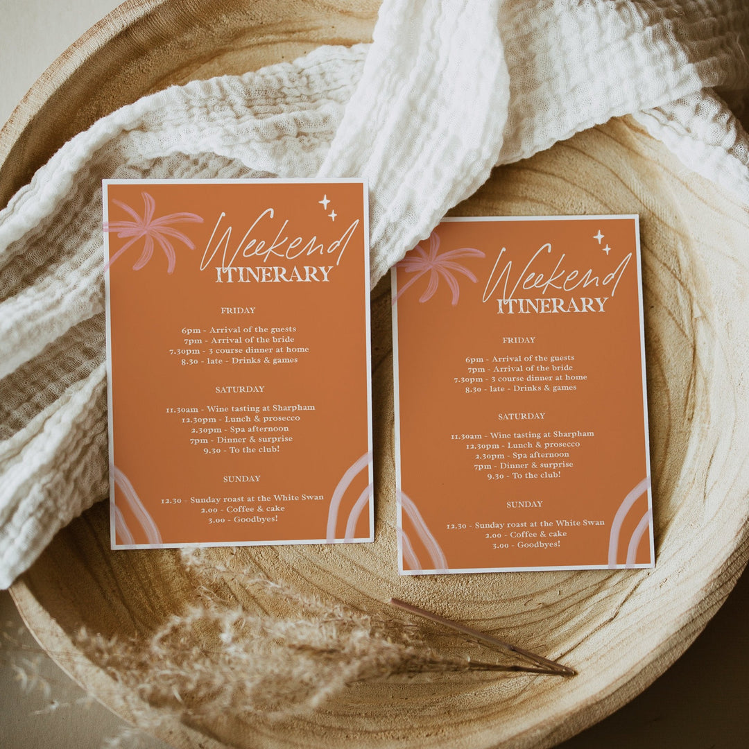 Fully editable and printable bridal shower itinerary with a Palm Springs design. Perfect for a Palm Springs bridal shower themed party