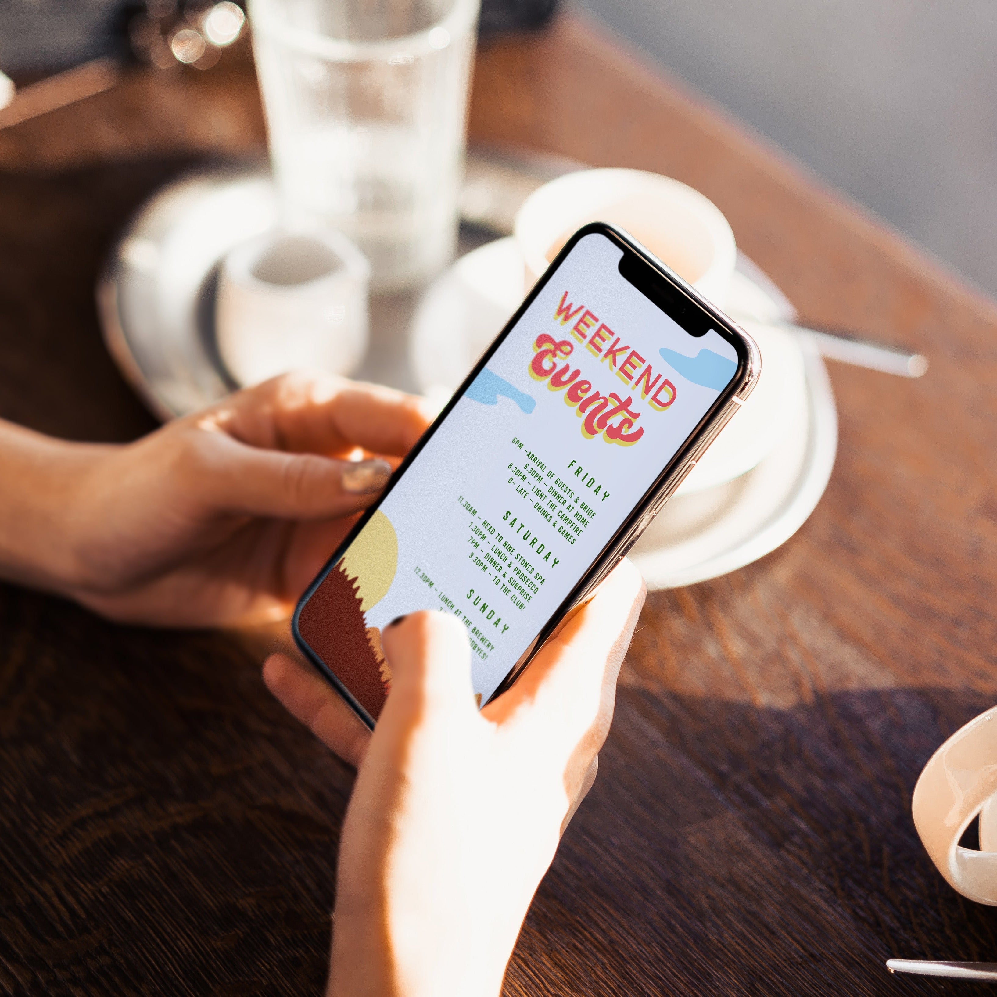 Fully editable bachelorette mobile itinerary with a pine cabin design. Perfect for a cabin adventure Bachelorette themed party