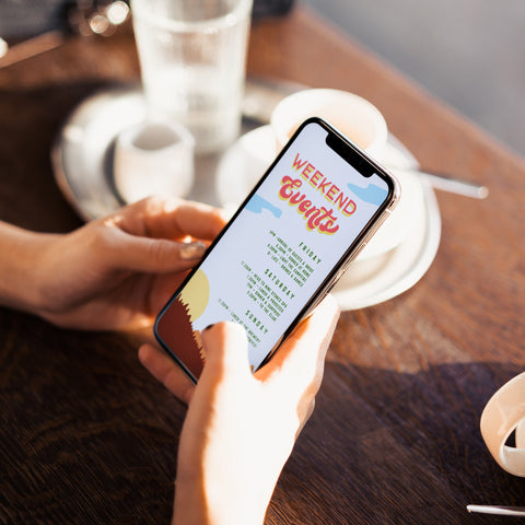Fully editable bachelorette mobile itinerary with a pine cabin design. Perfect for a cabin adventure Bachelorette themed party