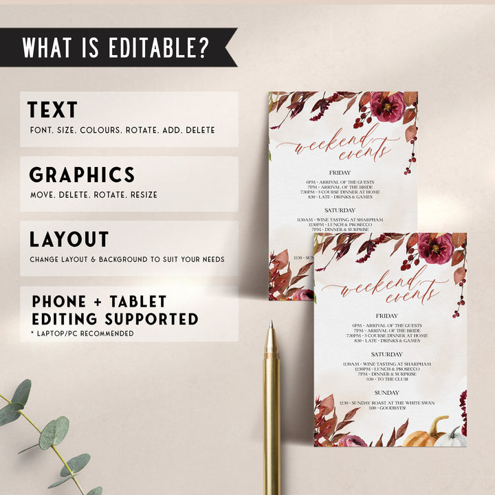 Fully editable and printable itinerary with a Fall design. Perfect for a fall floral bridal shower