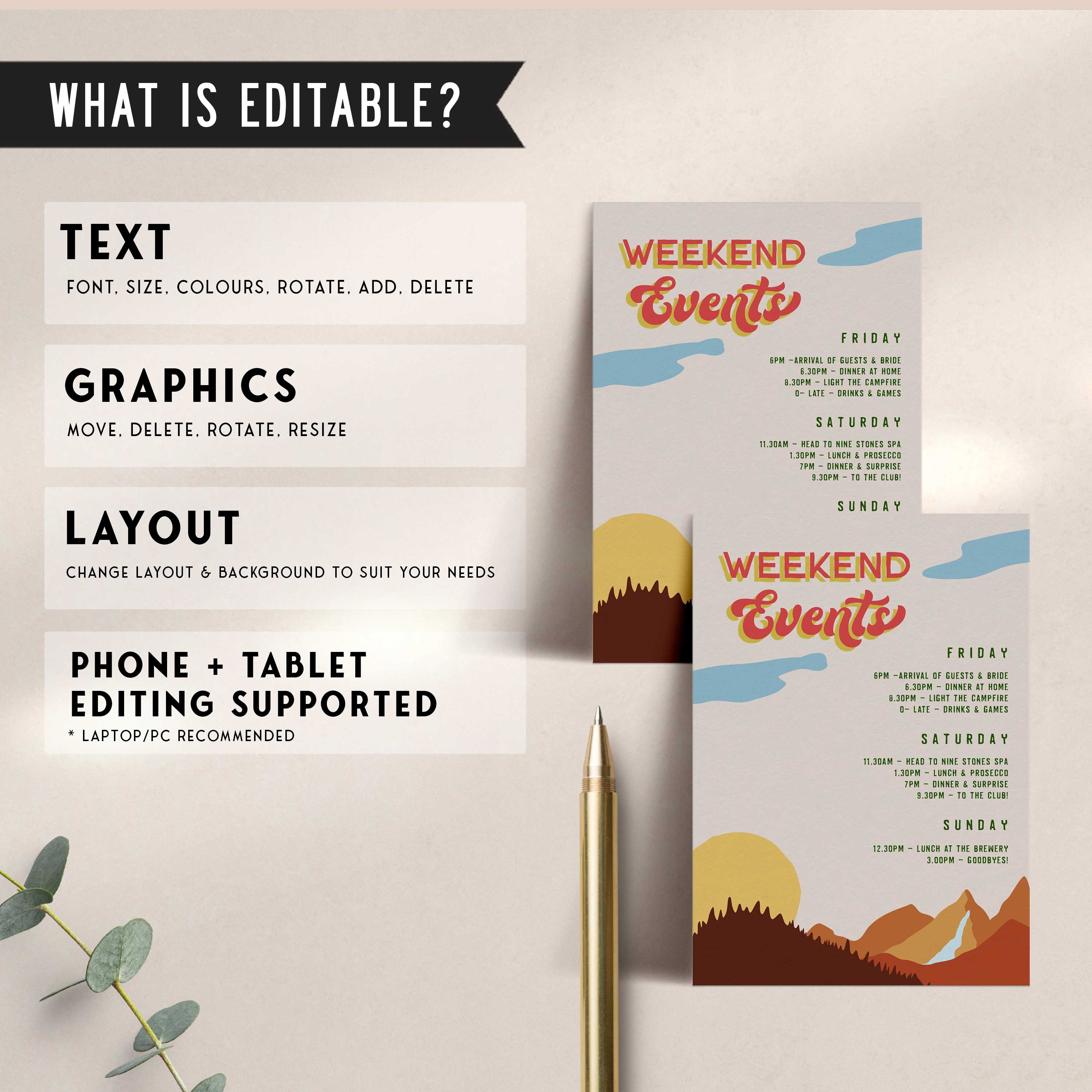 Fully editable and printable bachelorette weekend itinerary with a pine cabin design. Perfect for a cabin adventure Bachelorette themed party