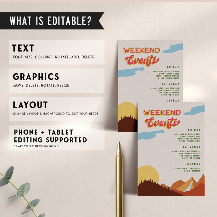 Fully editable and printable bachelorette weekend itinerary with a pine cabin design. Perfect for a cabin adventure Bachelorette themed party