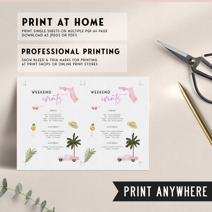 Fully editable and printable bachelorette itinerary with a miami design. Perfect for a miami, Bachelorette themed party