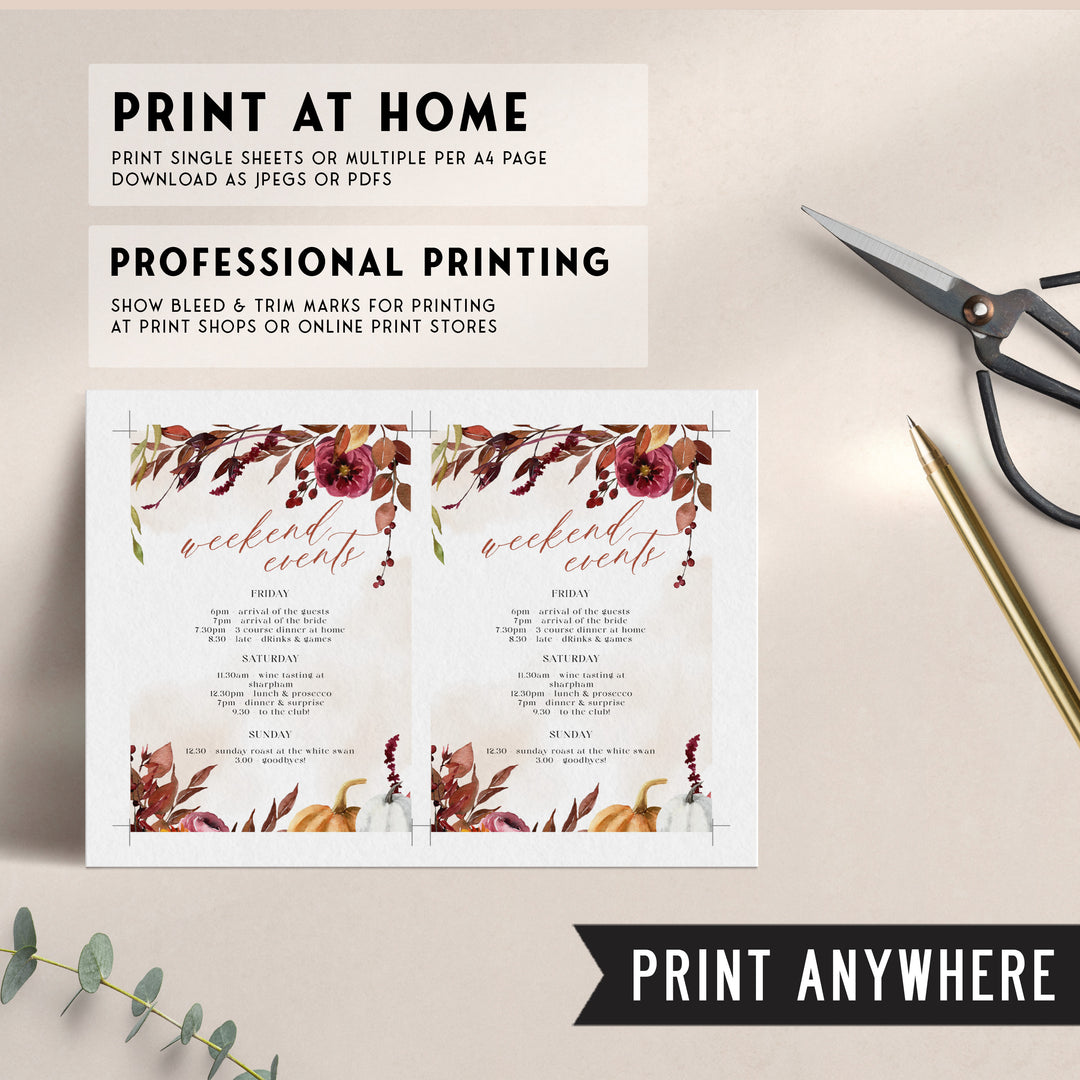 Fully editable and printable itinerary with a Fall design. Perfect for a fall floral bridal shower