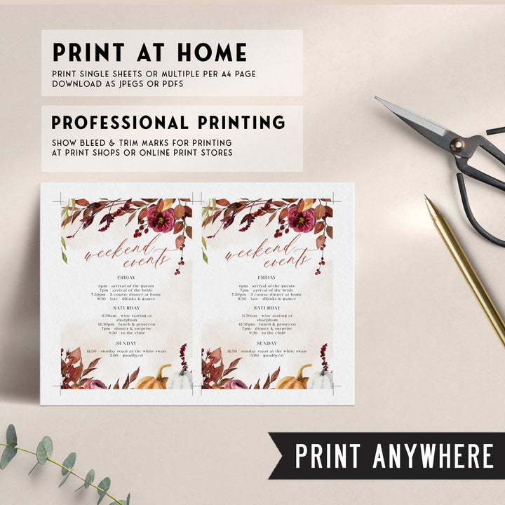 Fully editable and printable itinerary with a Fall design. Perfect for a fall floral bridal shower