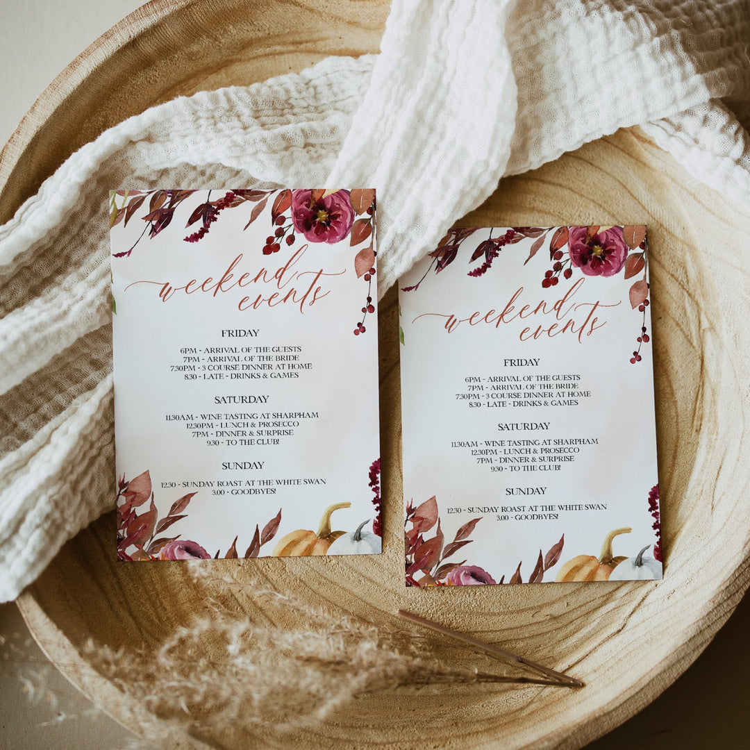 Fully editable and printable itinerary with a Fall design. Perfect for a fall floral bridal shower