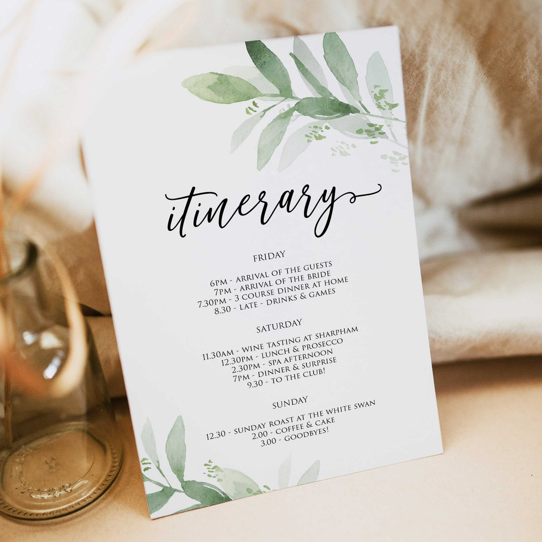 editable bridal shower itinerary, bridal itinerary, greenery bridal shower invite, mobile invites, editable bridal shower invite, corjl bridal invite, bachelorette party invite