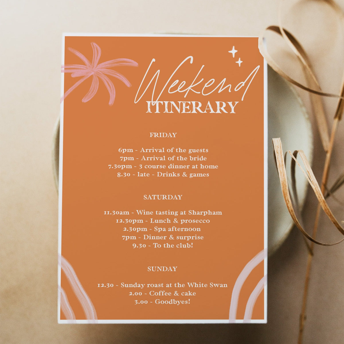 Fully editable and printable bridal shower itinerary with a Palm Springs design. Perfect for a Palm Springs bridal shower themed party