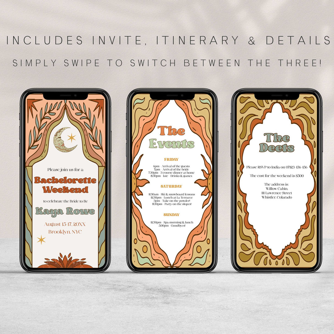 60s Gypsy Boho-inspired editable bachelorette invitation is the perfect way to add a touch of free-spirited charm to your special day