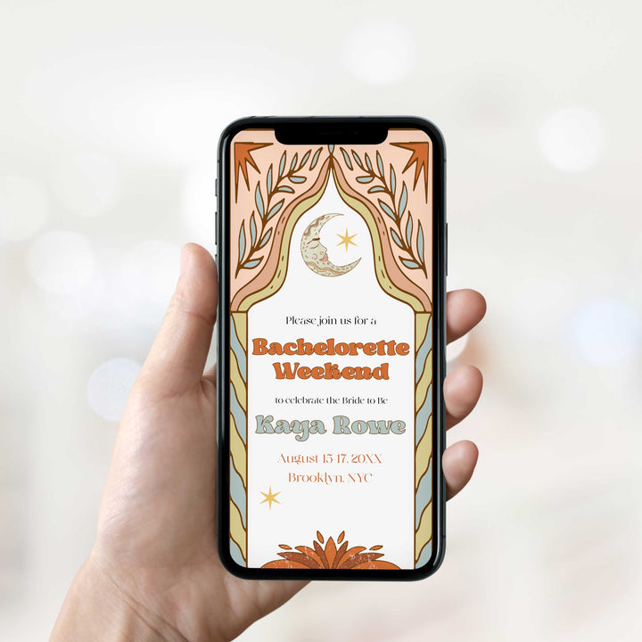 60s Gypsy Boho-inspired editable bachelorette invitation is the perfect way to add a touch of free-spirited charm to your special day