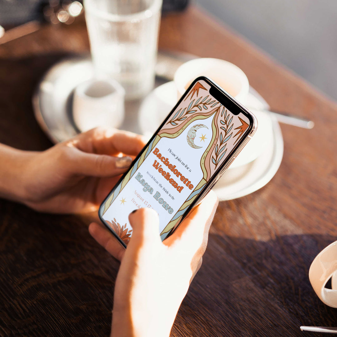 60s Gypsy Boho-inspired editable bachelorette invitation is the perfect way to add a touch of free-spirited charm to your special day