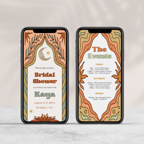 60s Gypsy Boho-inspired editable bridal shower invitation is the perfect way to add a touch of free-spirited charm to your special day