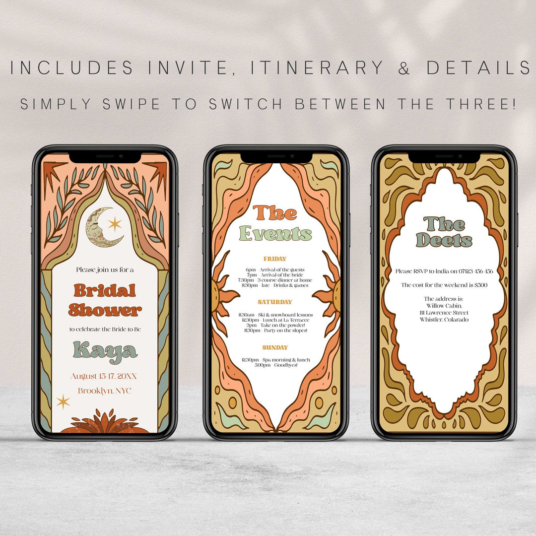 60s Gypsy Boho-inspired editable bridal shower invitation is the perfect way to add a touch of free-spirited charm to your special day