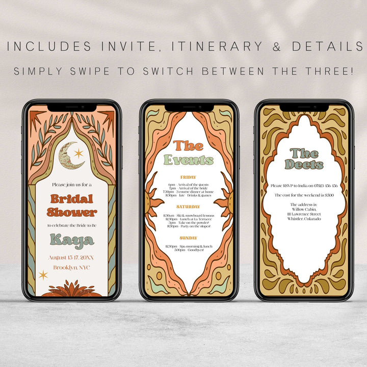 60s Gypsy Boho-inspired editable bridal shower invitation is the perfect way to add a touch of free-spirited charm to your special day