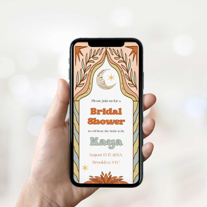 60s Gypsy Boho-inspired editable bridal shower invitation is the perfect way to add a touch of free-spirited charm to your special day