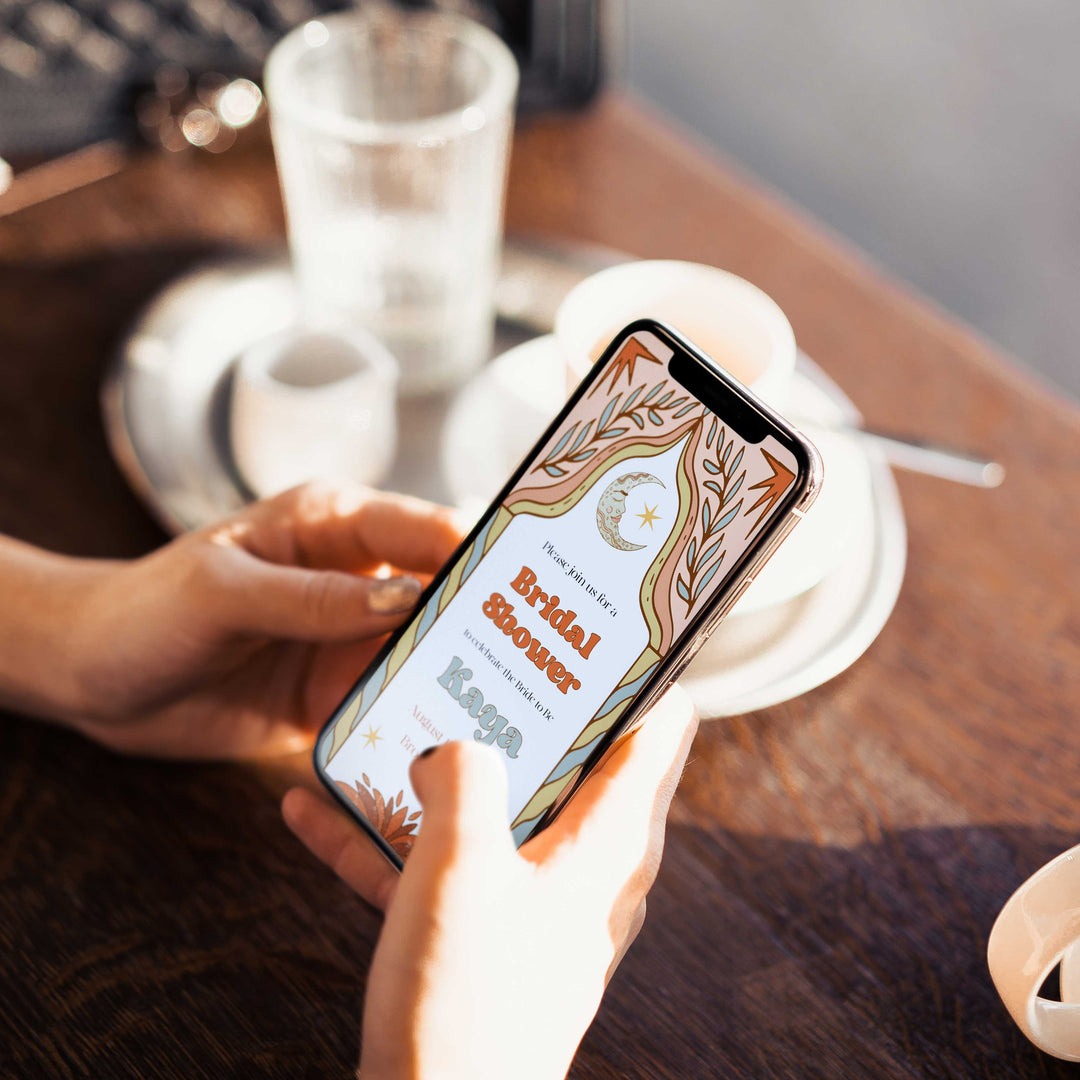 60s Gypsy Boho-inspired editable bridal shower invitation is the perfect way to add a touch of free-spirited charm to your special day