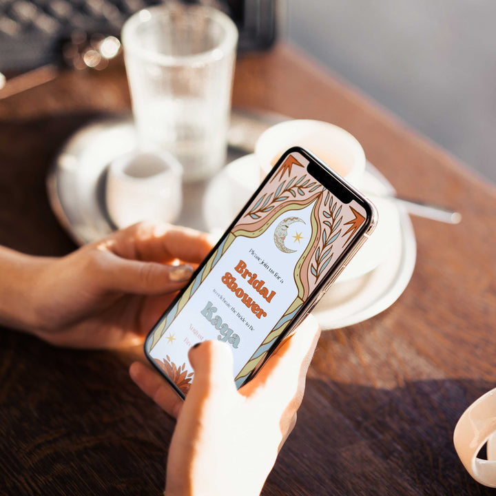 60s Gypsy Boho-inspired editable bridal shower invitation is the perfect way to add a touch of free-spirited charm to your special day