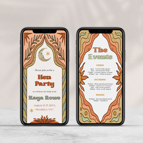 60s Gypsy Boho-inspired editable bridal shower invitation is the perfect way to add a touch of free-spirited charm to your special day