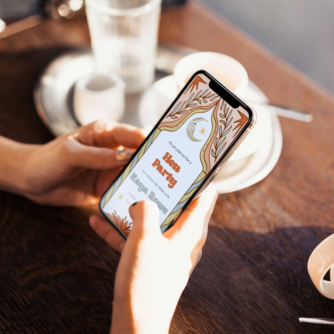 60s Gypsy Boho-inspired editable bridal shower invitation is the perfect way to add a touch of free-spirited charm to your special day