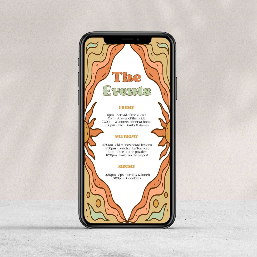 60s Gypsy Boho-inspired editable bachelorette itinerary is the perfect way to add a touch of free-spirited charm to your special day